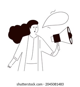 Female promoter with megaphone announce about sale. Cartoon girl messaging and advertising about discount. Cheap shopping and purchase concept. Line art, doodle and hand drawn. Vector illustration