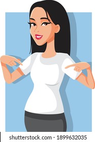 
Female Promoter Pointing to a Blank White Shirt. Woman pointing to a blank space on her blouse
