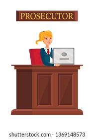 Female Prosecutor At Work Flat Vector Illustration. Legal Process Representative Cartoon Character. Woman Reading Bill Of Indictment, Charging Document. Criminal, Civil Case Court Hearing