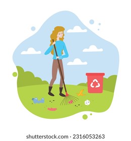 Female in protective clothes and shoes standing in park and gathering trash. Volunteers taking care of environment. Waste recycling, clean planet concept. Flat vector illustration