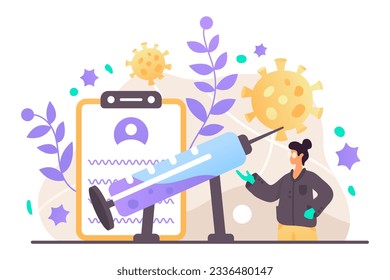 Female in protective gloves examine vaccine. Virus protection. Concept of boosting immune system. Drug testing and manufacturing concept. Flat vector illustration in purple and yellow colors