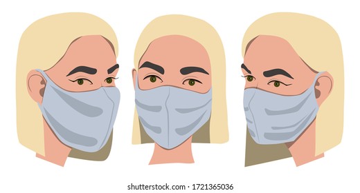 Female with protective medical mask front and profile view. Medical hygiene mask. Virus protection. Vector illustration isolated on white background.