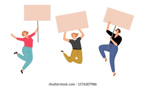 Female protest. Girls with posters, protect women rights. Demonstration vector characters isolated on white background