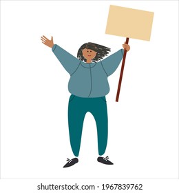 Female protester holding a placard. Vector illustration in flat style