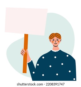 Female protester. Women demonstration, feminism. Woman rightss union, female power and solidarity. Flat vector illustration in trendy colors.