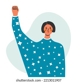 Female protester. Women demonstration, feminism. Woman rightss union, female power and solidarity. Flat vector illustration in trendy colors.