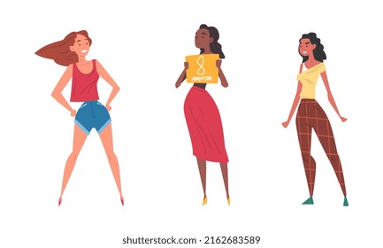 Female protesters activists statementing of their rights set. International Women Day cartoon vector illustration