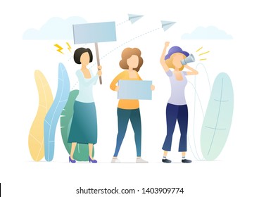 Female protesters on parade flat illustration. Young women holding loudspeaker, placards, posters cartoon characters. Girls, feminist activists shouting demands, fighting for equal rights.