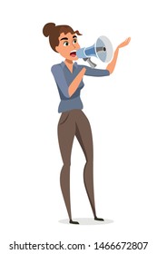 Female protestor with megaphone flat illustration. Woman, demonstrator shouting in loudspeaker isolated cartoon character on white background. Announcement, marketing campaign clipart