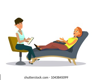 Female psychiatrist consulting. Medical practitioner treating patient on behavioral, mental health problems, office. Specialist to help with emotional disorders. Vector flat style cartoon illustration