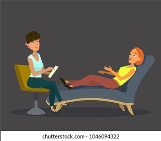 Female psychiatrist consulting. Medical practitioner treating patient on behavioral, mental health problems, office. Specialist to help with emotional disorders. Vector flat style cartoon illustration