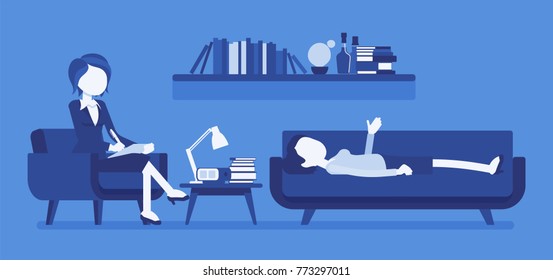 Female psychiatrist consulting. Medical practitioner treating patient on behavioral, mental health problems, office. Specialist helps with emotional disorders. Vector illustration, faceless characters