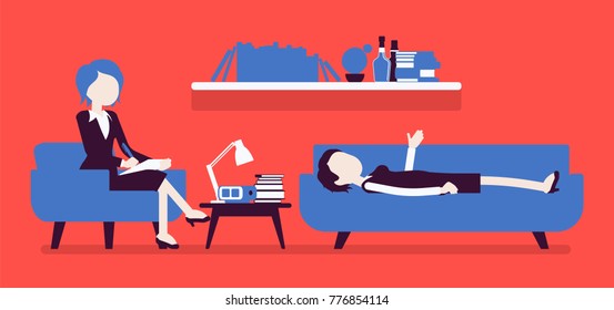 Female psychiatrist consulting. Medical practitioner treating patient on behavioral, mental health problems, office. Specialist helps with emotional disorders. Vector illustration, faceless characters