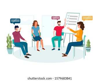 Female psychologist counseling group of young people suffering from depression, panic disorder, social anxiety, other problems, vector illustration. Group psychotherapy concept for website page etc.