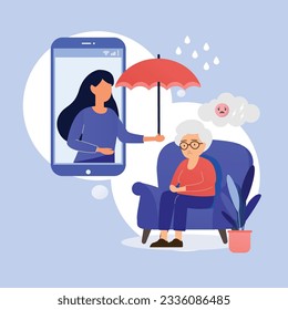 Female psychologist counseling sad upset old man, holding umbrella to protect old man from rain in video call