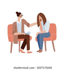 Female psychologist encourages the patient. A woman doctor is conducting a psychoanalysis session. Sad and depressed woman at the psychotherapist. Flat vector illustration.