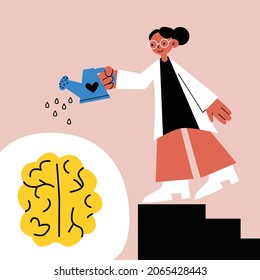 Female psychologist, psychotherapist and brain. Concept: psychotherapy, brain, mind, neurology. Mental health care illustration. Vector stock african woman. Abstract idea - treatment, help, support