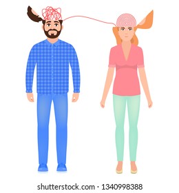 Female psychologist with a tangled metaphor of the brain, male and female thoughts, a man with a dreamy mind. Psychology and psychotherapy