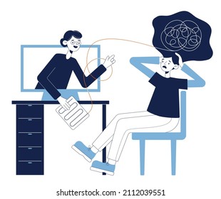 Female psychologist-consultant online. A doctor and a patient discuss a mental tangled rope using a computer for a remote conversation. Vector illustration for counseling, therapy, psychology.