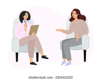 A female psychotherapist conducts an individual consultation with her patient. A sad and depressed girl needs the help of a psychologist. The concept of psychotherapy. Flat vector isolated design.