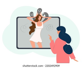 A Female Psychotherapist Conducts An Individual Consultation With Her Patient Online. Depressed Anorexic Girl With Panic Attacks Needs The Help Of A Psychologist. Flat Vector Isolated Design.