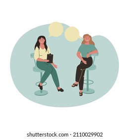 Female psychotherapist has an Individual session with her patient and sees positive results. Happy Woman sits on the sofa and excitedly tells something to her counselor. Talk therapy concept. Vector