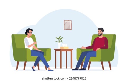 Female psychotherapist has an Individual session with her patient. Man sits on the chair and tells something to his counselor. Talk therapy concept. Vector illustration