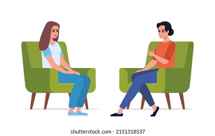 Female psychotherapist has an Individual session with her patient. Woman sits on the chair and her therapist talk her. Talk therapy concept. Vector illustration