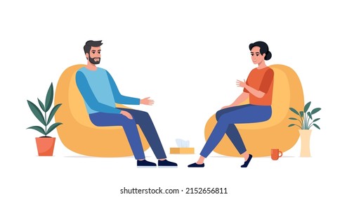 Female psychotherapist has an Individual session with her patient. Man sits on the chair and tells something to his counselor. Talk therapy concept. Vector illustration