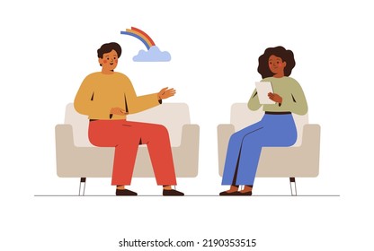 Female psychotherapist has an Individual session with her male patient and sees positive results. Happy man sits on the sofa and excitedly tells something to his counselor.Talk therapy concept. Vector