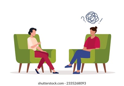 Female psychotherapist has an Individual session with her patient. Talk therapy concept. Vector illustration