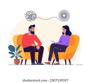 Female psychotherapist helping a male patient. Psychotherapy process. Tangled and untangled brain concept. Psychology and psychiatry vector illustration