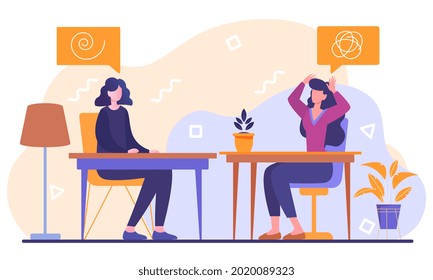 Female psychotherapist on the individual session with her patient and sees positive results. Happy woman is talking to her psychotherapist. Flat cartoon vector illustration