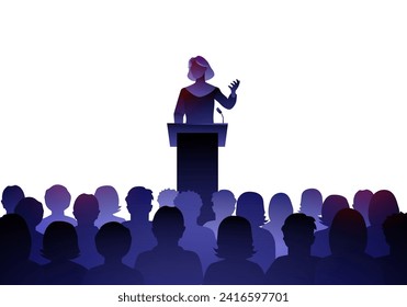 Female Public Speaker On Lectern In Front Of Audience.