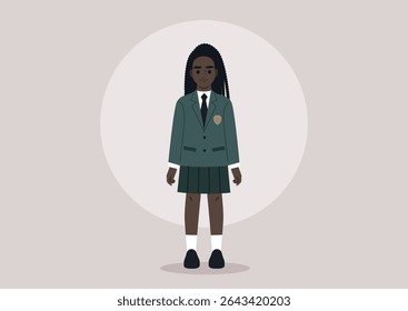 A female pupil dressed in a colorful school uniform isolated on a plain background