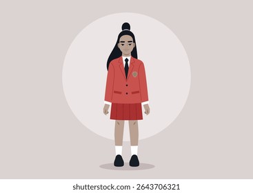 A female pupil dressed in a colorful school uniform isolated on a plain background