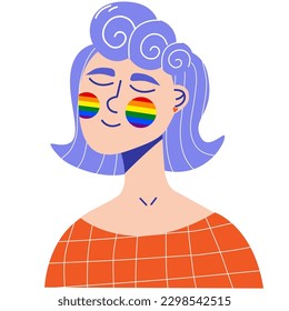 Female with purple hair and a rainbow flag on her cheeks. Pride month.Pride month celebration.
