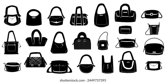 Female purse silhouette. Fashionable black clutch and handbag icons, elegant stylish women accessory collection trendy minimalist style. Vector isolated set of handbag icon, woman leather illustration