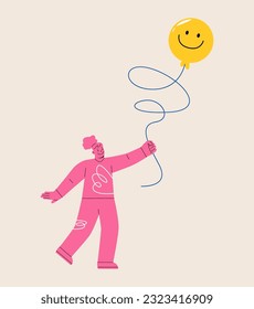 Female pursuit for happy times concept. Chase balloon of joy and optimistic positivity. Colorful vector illustration
