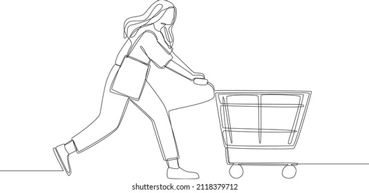 Female push a trolley when shopping at market place. set of black silhouette of celebrating on white background. Vector illustration