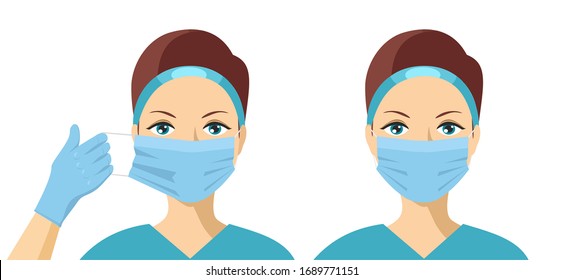 Female putting on medical protective mask to health protection and prevention during flu virus outbreak, epidemic and infectious diseases. Doctor in a medical mask. A Woman puts on a medical mask.