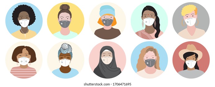 Female quarantine avatars set. Diverse multi ethnic group of young women wearing medical face mask. Virus or pollution protection, toxic air respirator. Flat vector icons isolated on white background.