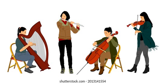 Female Quartet Orchestra Music Artist Vector Illustration. Girl Play Violin, Cellist Woman Play Cello, Elegant Lady Play Harp. Flutist Girl Play Flute. String And Wind Instruments Concert Event.