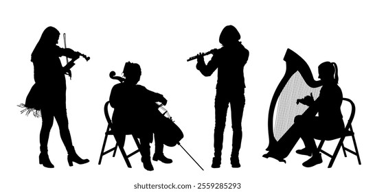 Female quartet orchestra music artist vector silhouette illustration. Girl play violin, cellist woman play cello, elegant lady play harp. Flutist girl play flute. String and wind instruments concert.