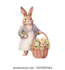 a female rabbit bring basket of flowers watercolor vector illustration white background