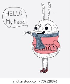 A female rabbit wears a sweater and greets a friend in her school.She thinks that today is a good day.Cartoon animals the cute monster vector character design
