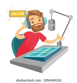 Female radio dj working in front of microphone, computer and mixing console on radio. Caucasian female radio dj in headset working on a radio station. Vector cartoon illustration. Square layout.