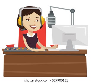 Female Radio Dj Working In Front Of Microphone, Computer And Mixing Console On Radio. Radio Dj In Headset Working On A Radio Station. Vector Flat Design Illustration Isolated On White Background.