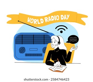 Female radio host with headset speaking and writing, vintage radio, speech bubble, and World Radio Day banner on a light background. Concept of broadcasting