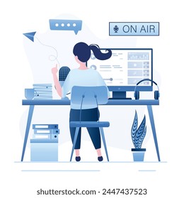 Female radio host at workplace. Blogger, woman podcaster speaks into microphone. Audio stream live. Music studio interior, workspace. Creating media content, entertainment. Flat vector illustration